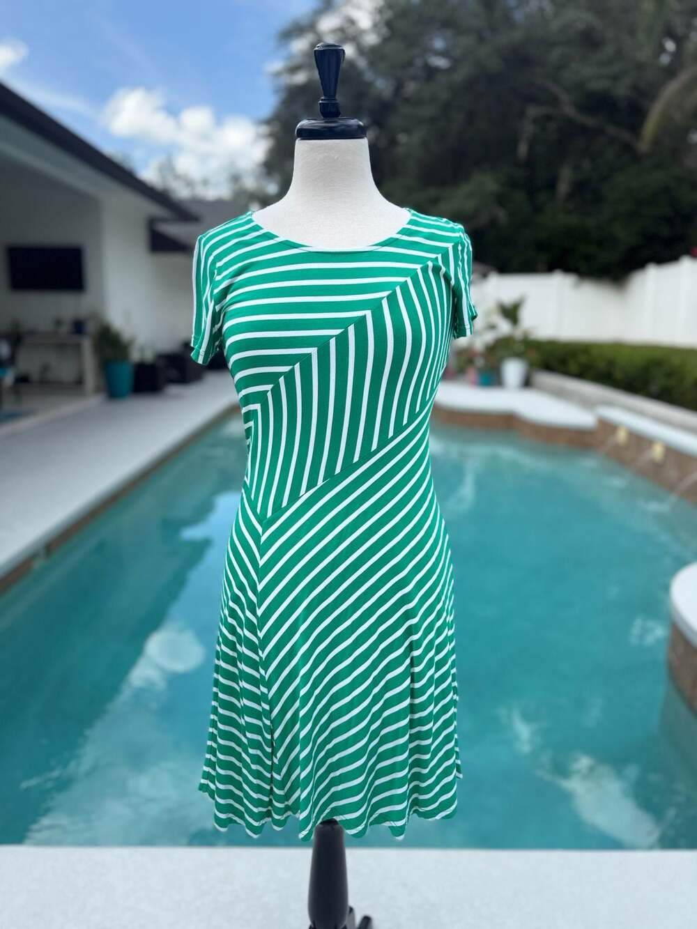 Skies Are Blue Green and White Striped Short Sleeve A-Line Dress
